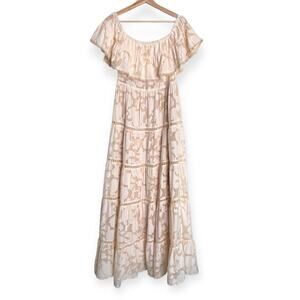 Champagne And Strawberry Burnout Ruffled Tiered Peasant Maxi Dress Women's M